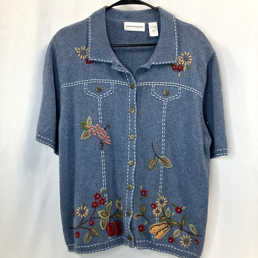 Alfred Dunner Women’s Short Sleeve Blue Sweater Sz XL Floral Embroidered Vintage